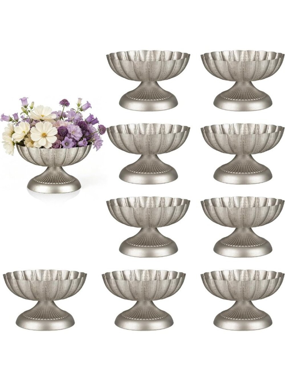 Vintage Silver Compote Bowl Vases for Centerpieces - 7" Urn Pedestal Decor